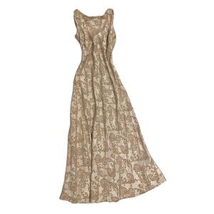Vintage 90s Formal Brocade Champagne Maxi Dress Gown Bow Sleeveless Elegant 10